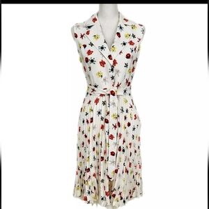 T Tahari Floral Shirt Dress Size 4 Collar Pleated Self Tie Belt White Lined EUC